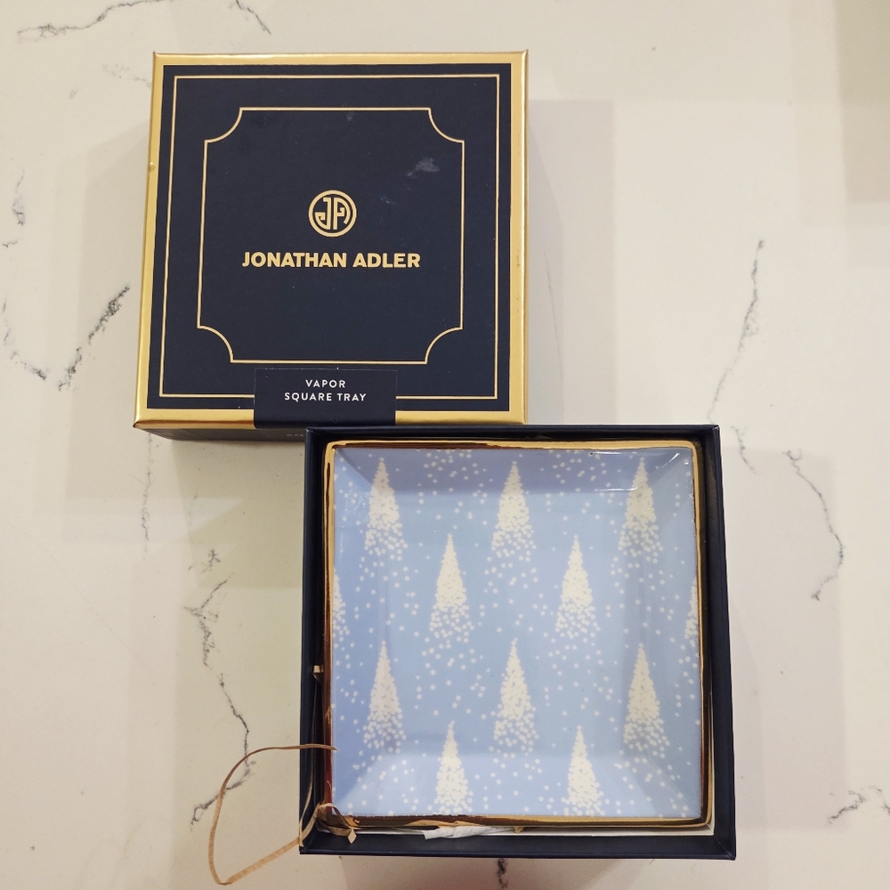 Jonathan Adler Square Tray Vapor Light Blue White Gold Trim Trinket Dish